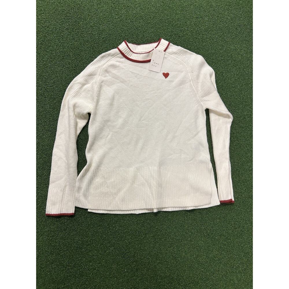 white and red "A New Day" women's ribbed crewneck sweater with a small red heart